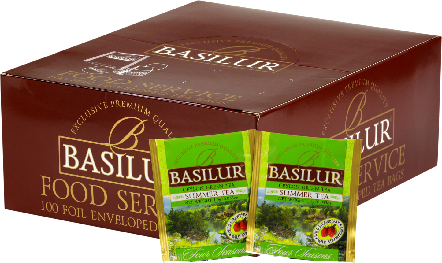 Opakowanie herbaty Basilur Summer Tea 100 x 1,5 g z zieloną herbatą cejlońską i aromatem poziomki.