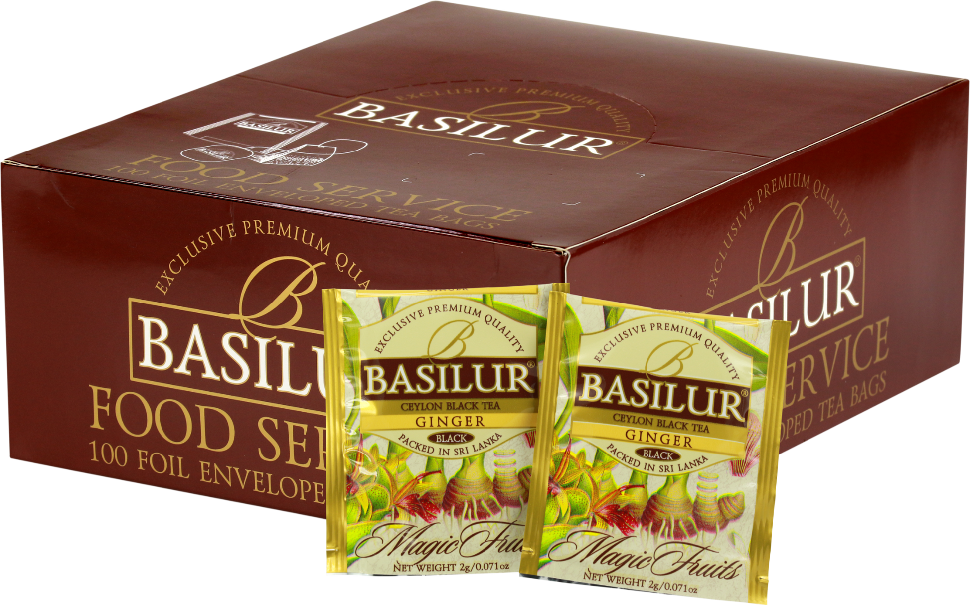 Opakowanie herbaty Basilur Ginger z widocznymi saszetkami czarnej herbaty cejlońskiej z imbirem.