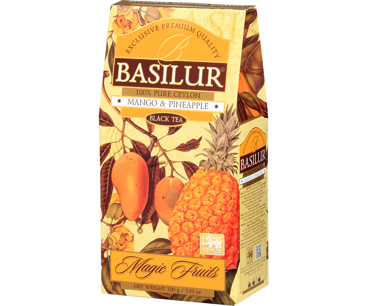Bok opakowania Basilur Mango & Pineapple – czarna herbata cejlońska o owocowym aromacie.