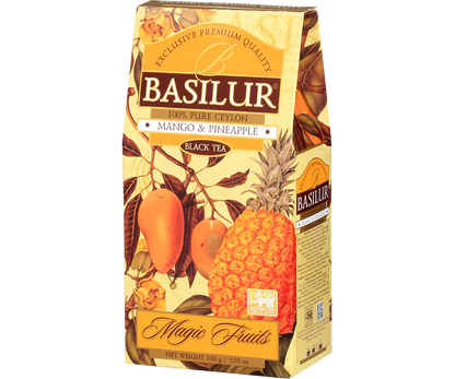 Bok opakowania Basilur Mango & Pineapple – czarna herbata cejlońska o owocowym aromacie.