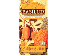 Herbata Basilur Mango & Pineapple – front opakowania z ilustracją mango i ananasa.