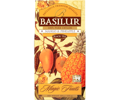 Herbata Basilur Mango & Pineapple – front opakowania z ilustracją mango i ananasa.