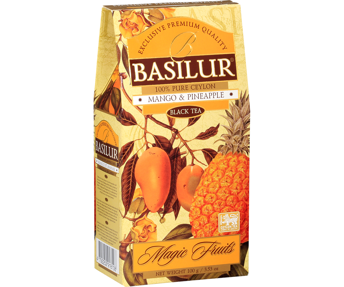 Herbata Basilur Mango & Pineapple – pudełko 100 g z serii Magic Fruits.