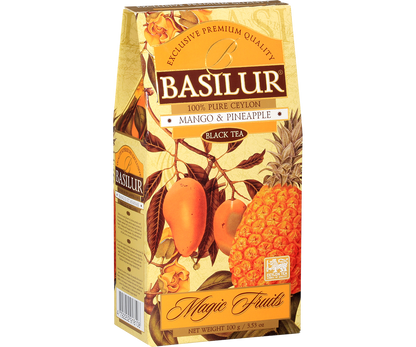 Herbata Basilur Mango & Pineapple – pudełko 100 g z serii Magic Fruits.
