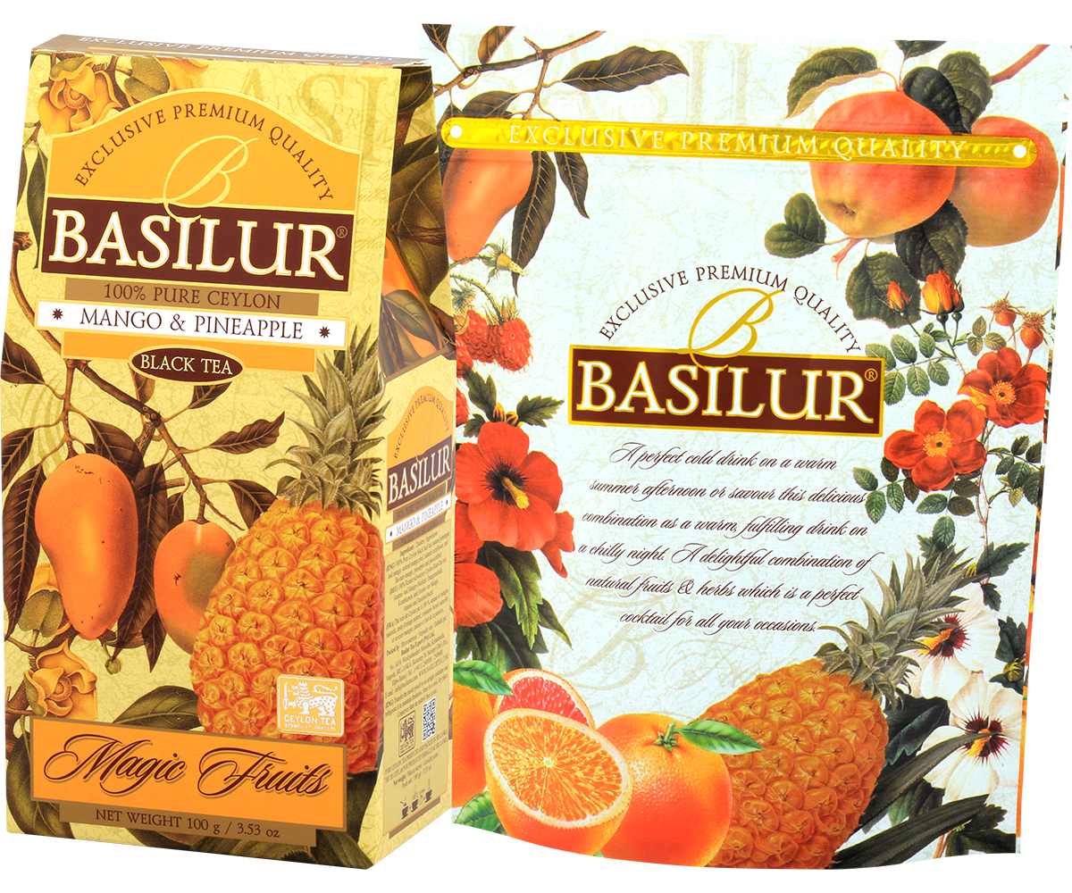 Zestaw Basilur Mango & Pineapple – pudełko i foliowe opakowanie herbaty czarnej.