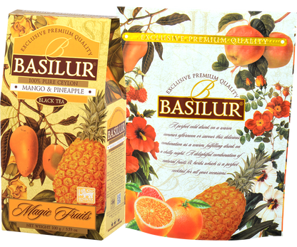 Zestaw Basilur Mango & Pineapple – pudełko i foliowe opakowanie herbaty czarnej.
