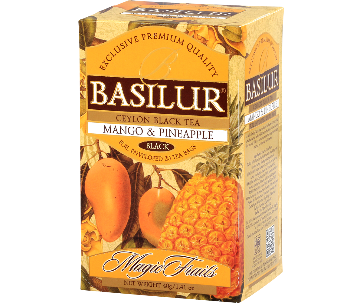 Bok pudełka Basilur Mango & Pineapple – czarna herbata Ceylon z owocowym aromatem.