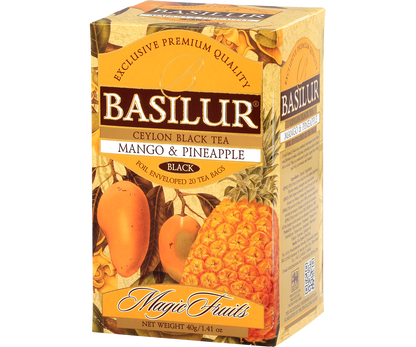 Bok pudełka Basilur Mango & Pineapple – czarna herbata Ceylon z owocowym aromatem.
