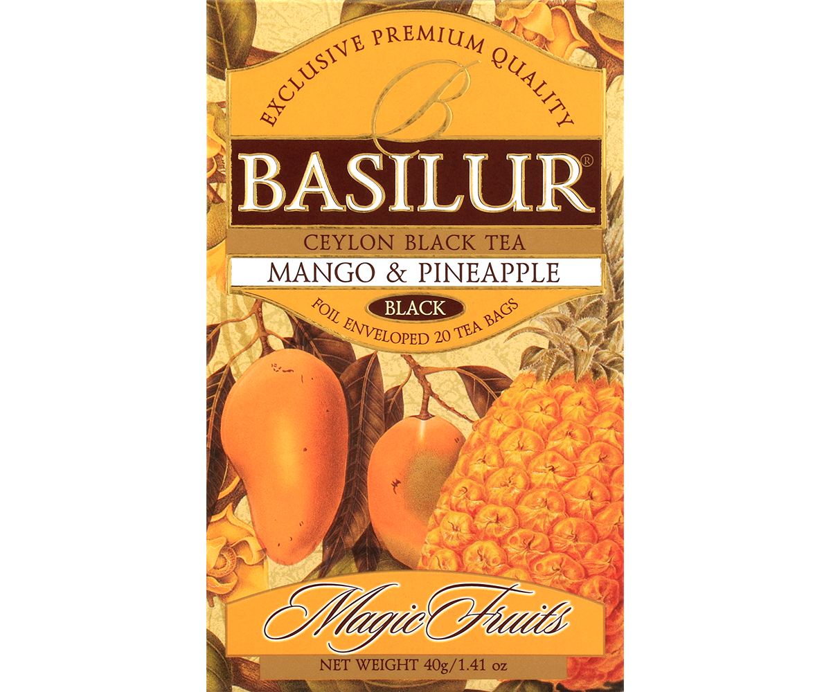 Herbata Basilur Mango & Pineapple – opakowanie z motywem mango i ananasa.