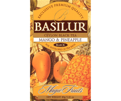 Herbata Basilur Mango & Pineapple – opakowanie z motywem mango i ananasa.