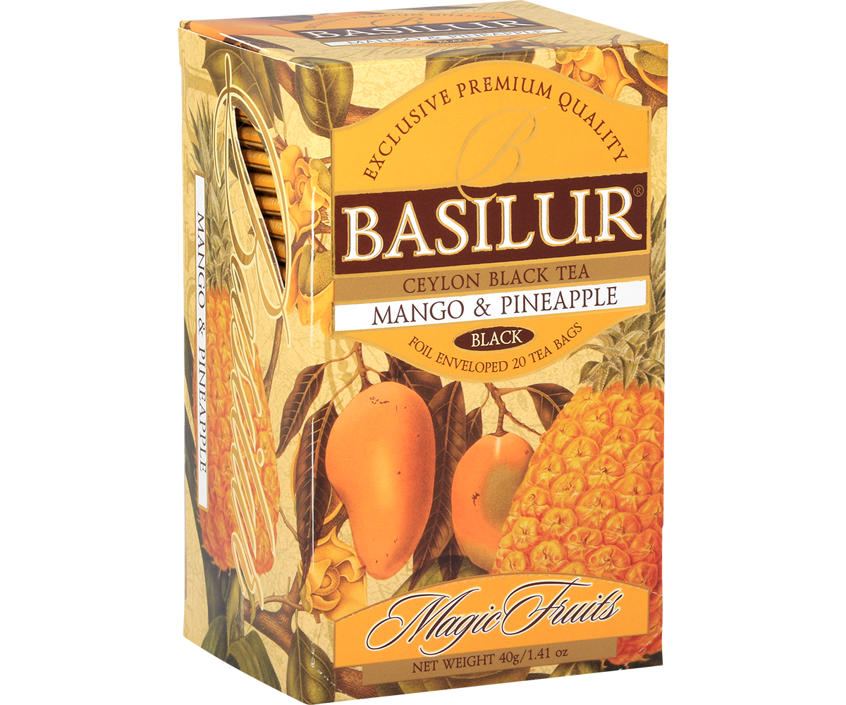 Herbata Basilur Mango & Pineapple – pudełko 25 kopert z egzotycznym smakiem.