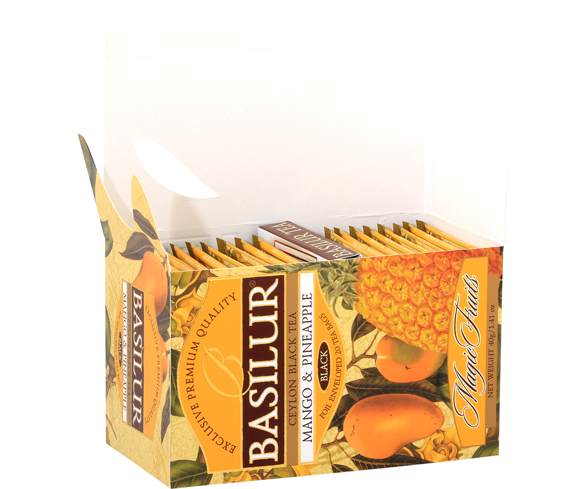 Otwarte pudełko Basilur Mango & Pineapple – herbaty w kopertach z serii Magic Fruits.