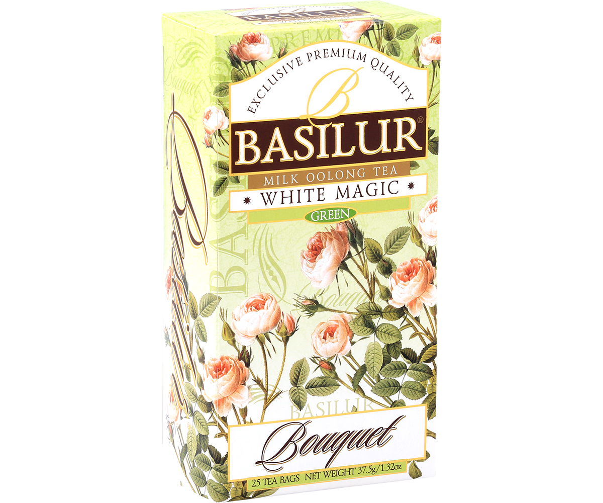 Bok pudełka Basilur White Magic – skład i opis produktu.