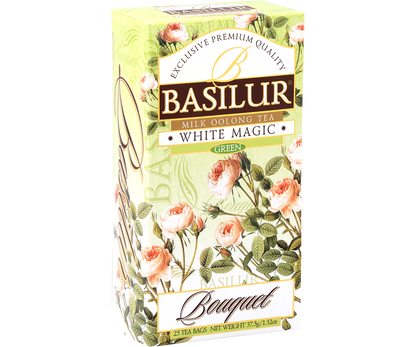 Bok pudełka Basilur White Magic – skład i opis produktu.