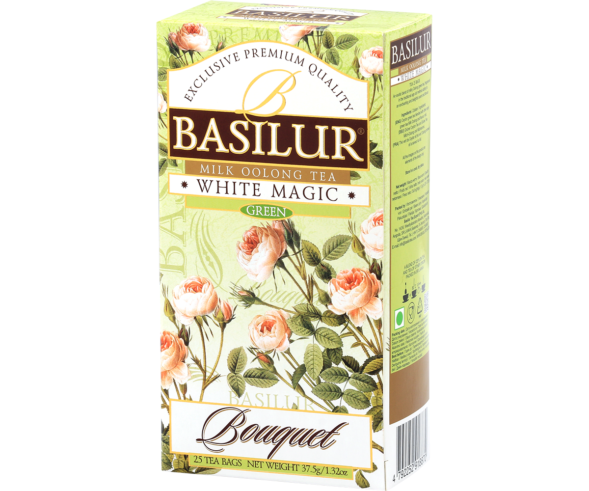 Herbata Basilur White Magic – kwiatowa grafika kolekcji Bouquet.