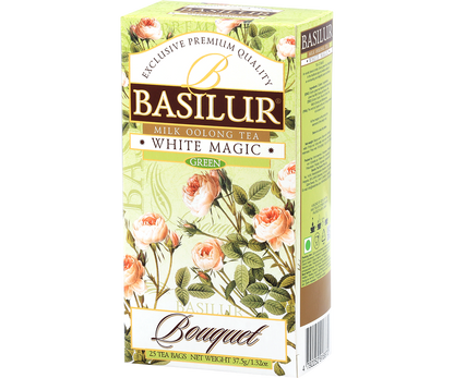 Herbata Basilur White Magic – kwiatowa grafika kolekcji Bouquet.