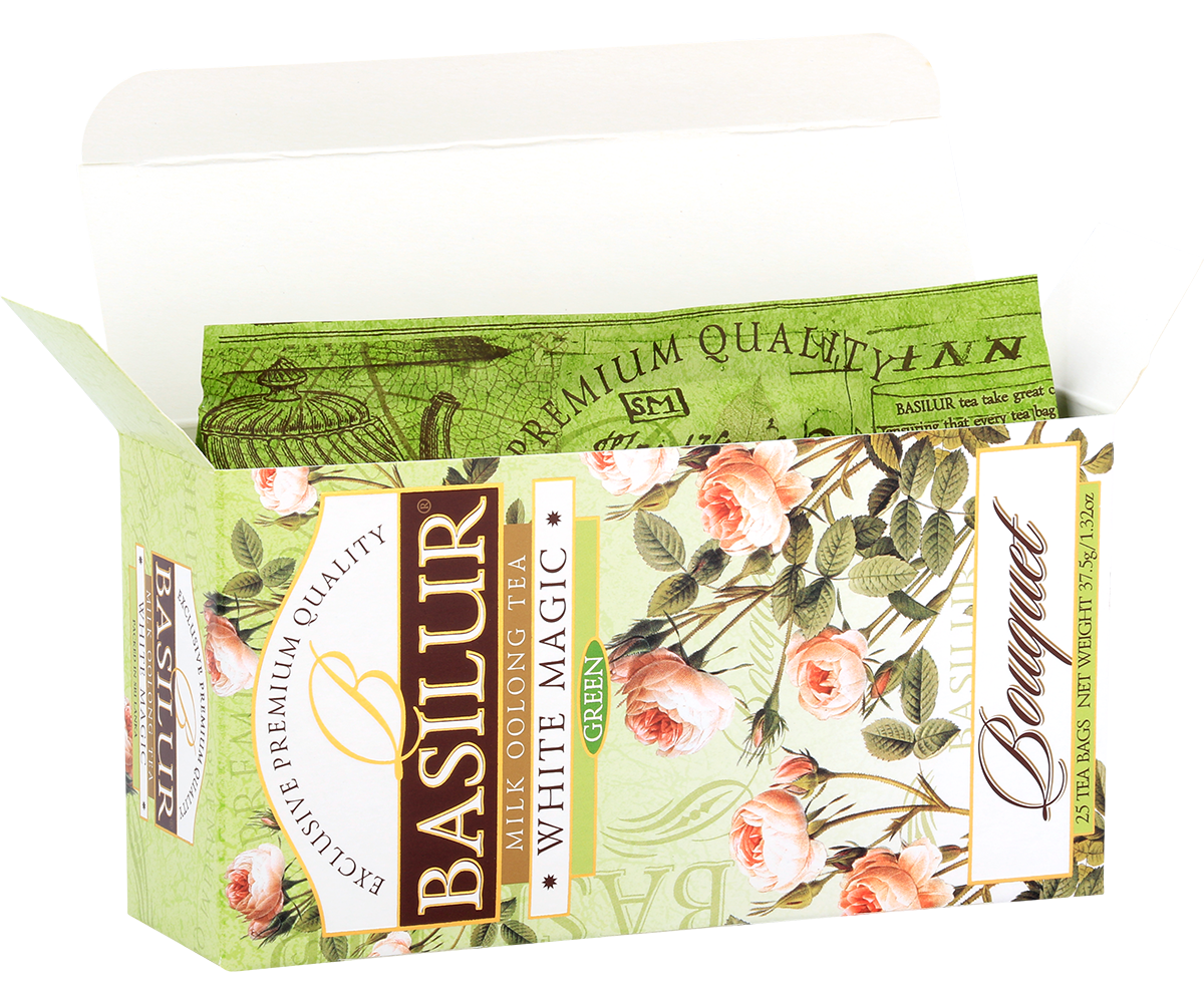 Otwarte opakowanie Basilur White Magic – torebki zielonej herbaty milk oolong.