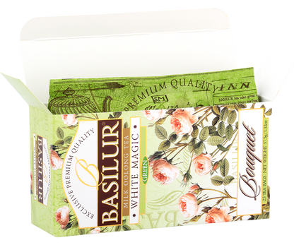 Otwarte opakowanie Basilur White Magic – torebki zielonej herbaty milk oolong.