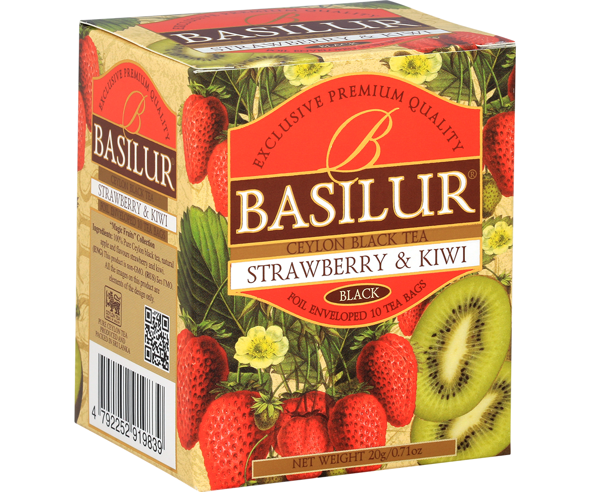 Boczny widok pudełka Basilur Strawberry & Kiwi z informacjami o składzie.