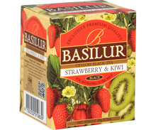 Boczny widok pudełka Basilur Strawberry & Kiwi z informacjami o składzie.