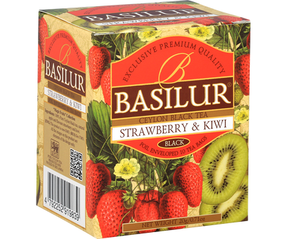 Boczny widok pudełka Basilur Strawberry & Kiwi z informacjami o składzie.
