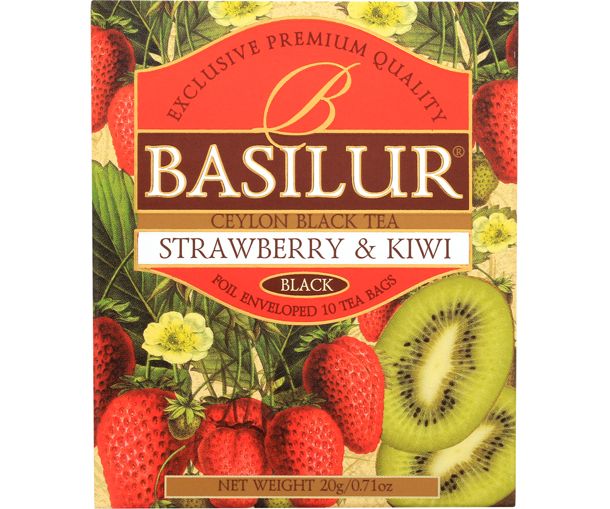 Opakowanie herbaty czarnej Basilur Strawberry & Kiwi z truskawkami i kiwi na etykiecie.
