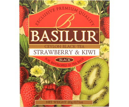 Opakowanie herbaty czarnej Basilur Strawberry & Kiwi z truskawkami i kiwi na etykiecie.