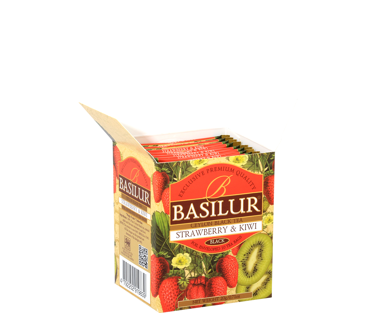 Otwarta paczka herbaty Basilur Strawberry & Kiwi z widocznymi saszetkami w środku.