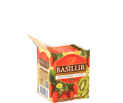 Otwarta paczka herbaty Basilur Strawberry & Kiwi z widocznymi saszetkami w środku.