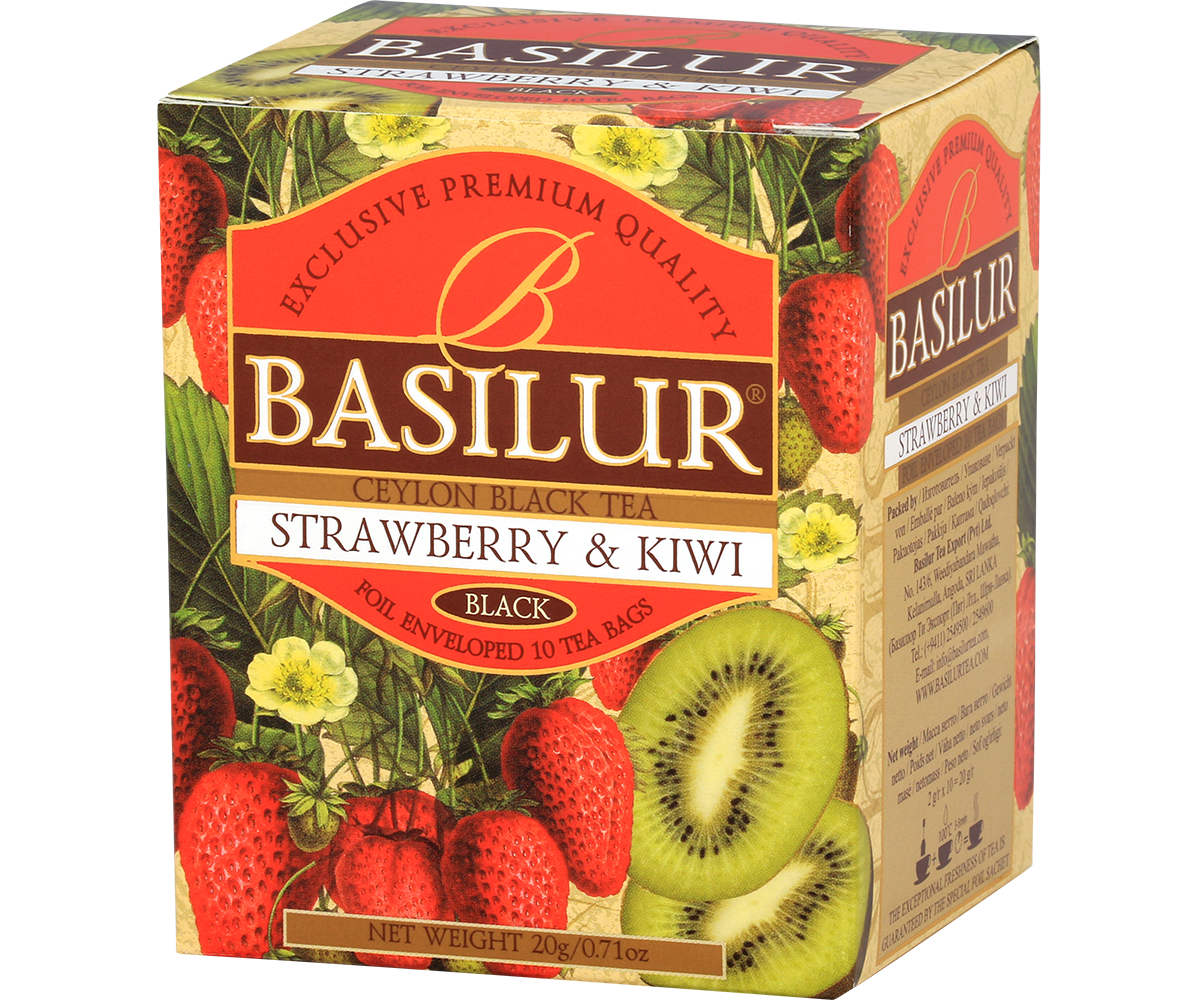 Perspektywiczne ujęcie pudełka herbaty Basilur Strawberry & Kiwi z owocową grafiką.