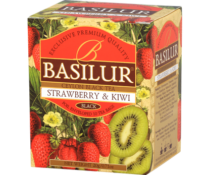 Perspektywiczne ujęcie pudełka herbaty Basilur Strawberry & Kiwi z owocową grafiką.