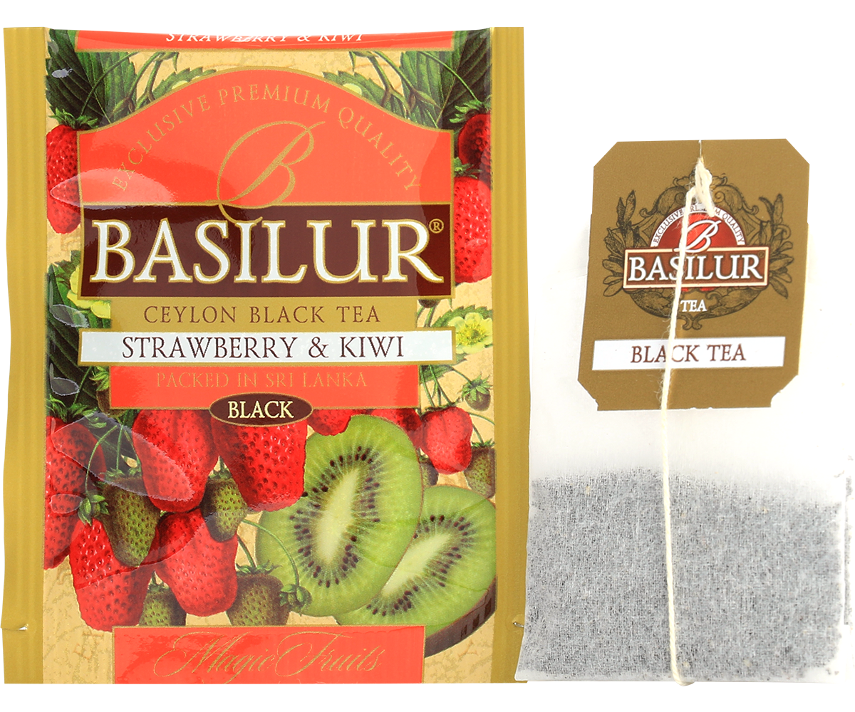 Saszetka herbaty Basilur Strawberry & Kiwi z torebką herbacianą i etykietą.