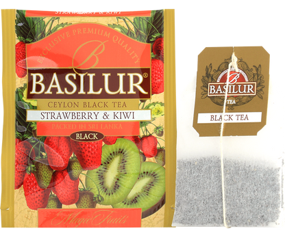 Saszetka herbaty Basilur Strawberry & Kiwi z torebką herbacianą i etykietą.
