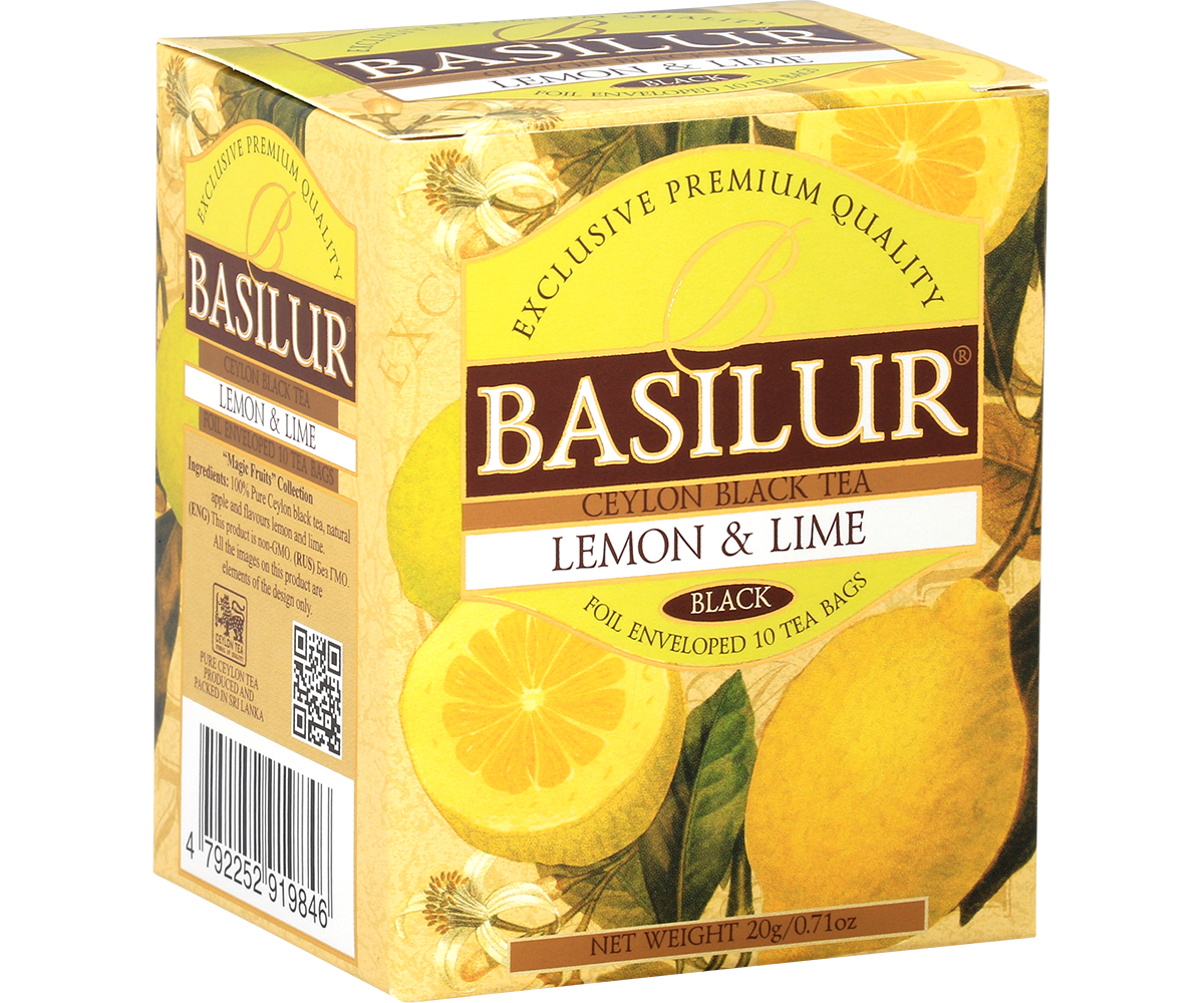 Boczny widok pudełka Basilur Lemon & Lime z informacjami o składzie.