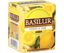 Boczny widok pudełka Basilur Lemon & Lime z informacjami o składzie.