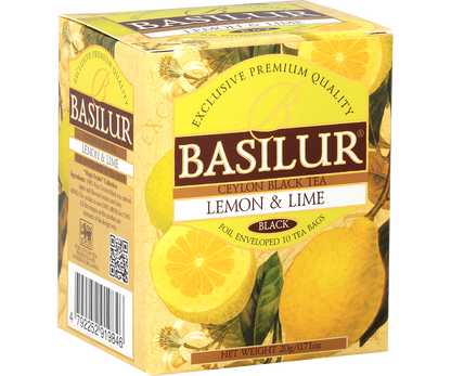 Boczny widok pudełka Basilur Lemon & Lime z informacjami o składzie.