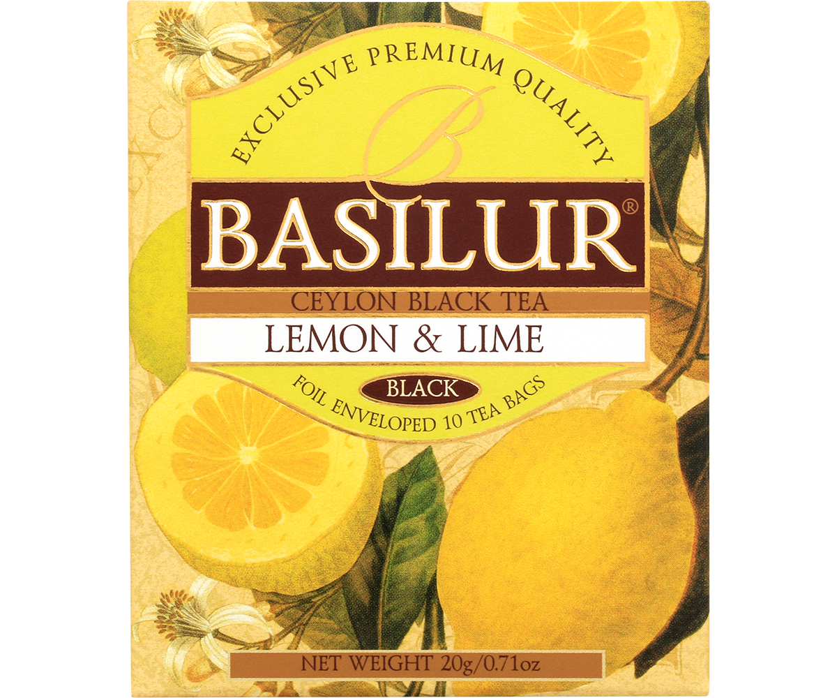 Opakowanie herbaty czarnej Basilur Lemon & Lime z cytryną i limonką na etykiecie.