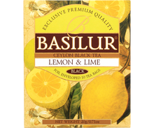 Opakowanie herbaty czarnej Basilur Lemon & Lime z cytryną i limonką na etykiecie.
