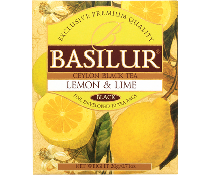 Opakowanie herbaty czarnej Basilur Lemon & Lime z cytryną i limonką na etykiecie.