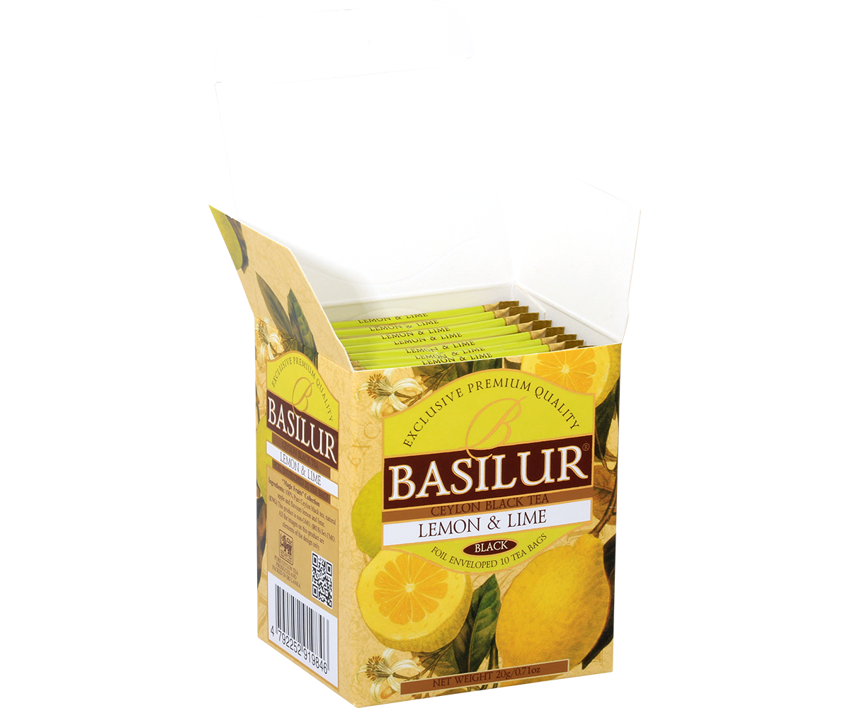 Otwarta paczka herbaty Basilur Lemon & Lime z widocznymi saszetkami w środku.