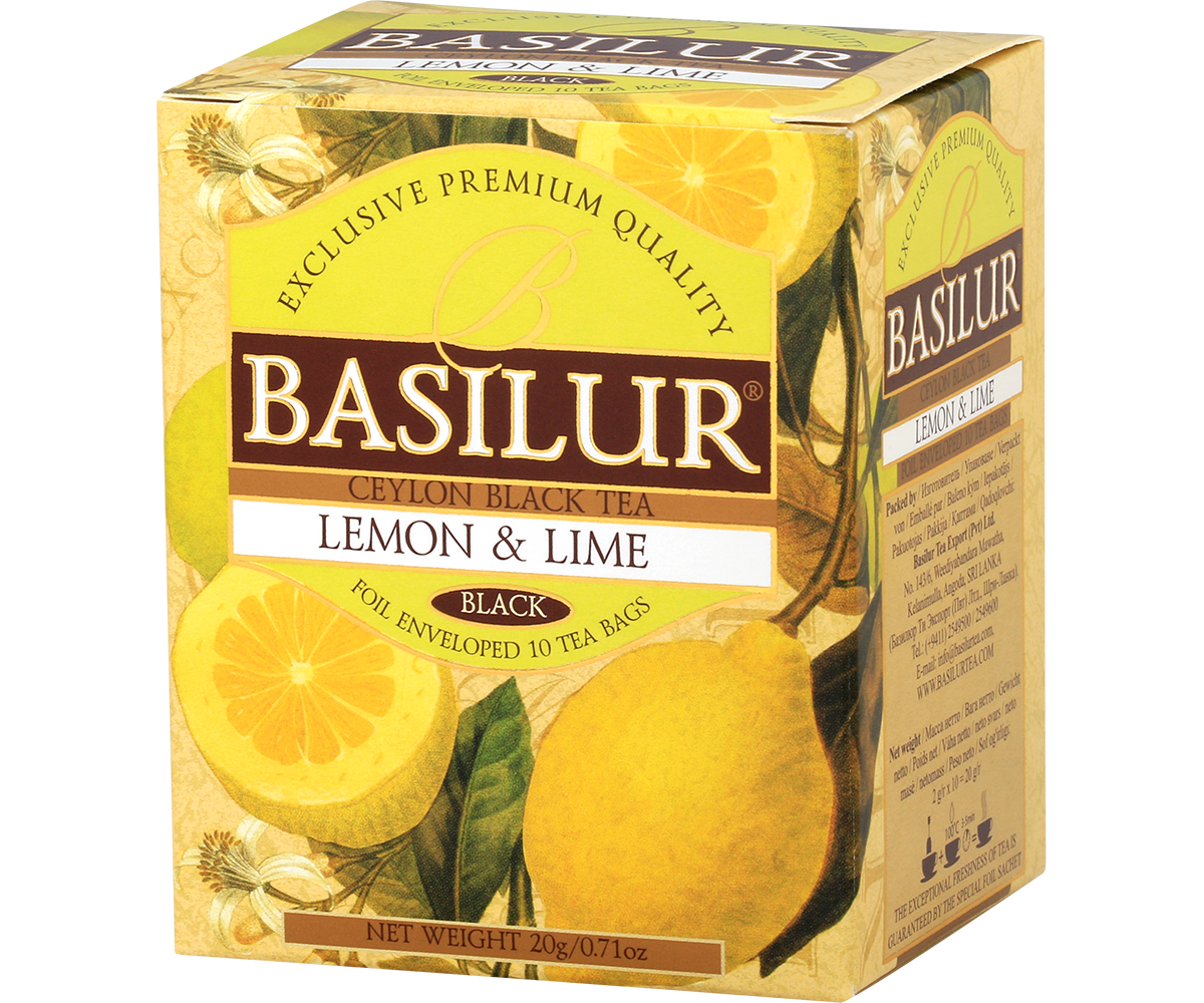 Perspektywiczne ujęcie pudełka herbaty Basilur Lemon & Lime z cytrusową grafiką.