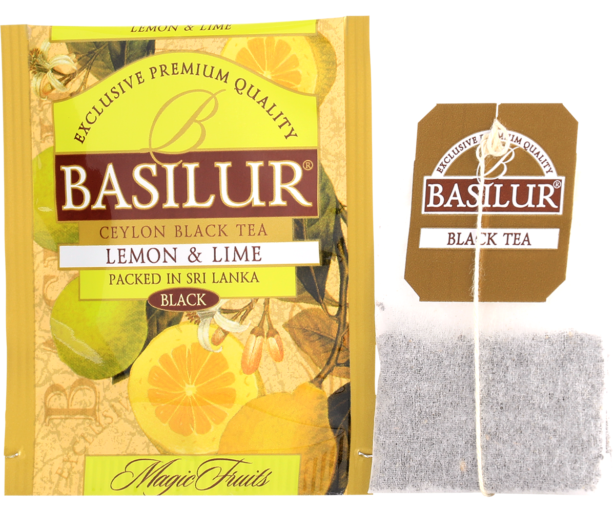 Saszetka herbaty Basilur Lemon & Lime z torebką herbacianą i etykietą.