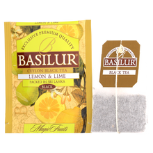 Saszetka herbaty Basilur Lemon & Lime z torebką herbacianą i etykietą.