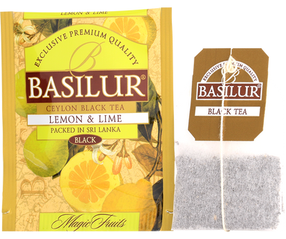 Saszetka herbaty Basilur Lemon & Lime z torebką herbacianą i etykietą.