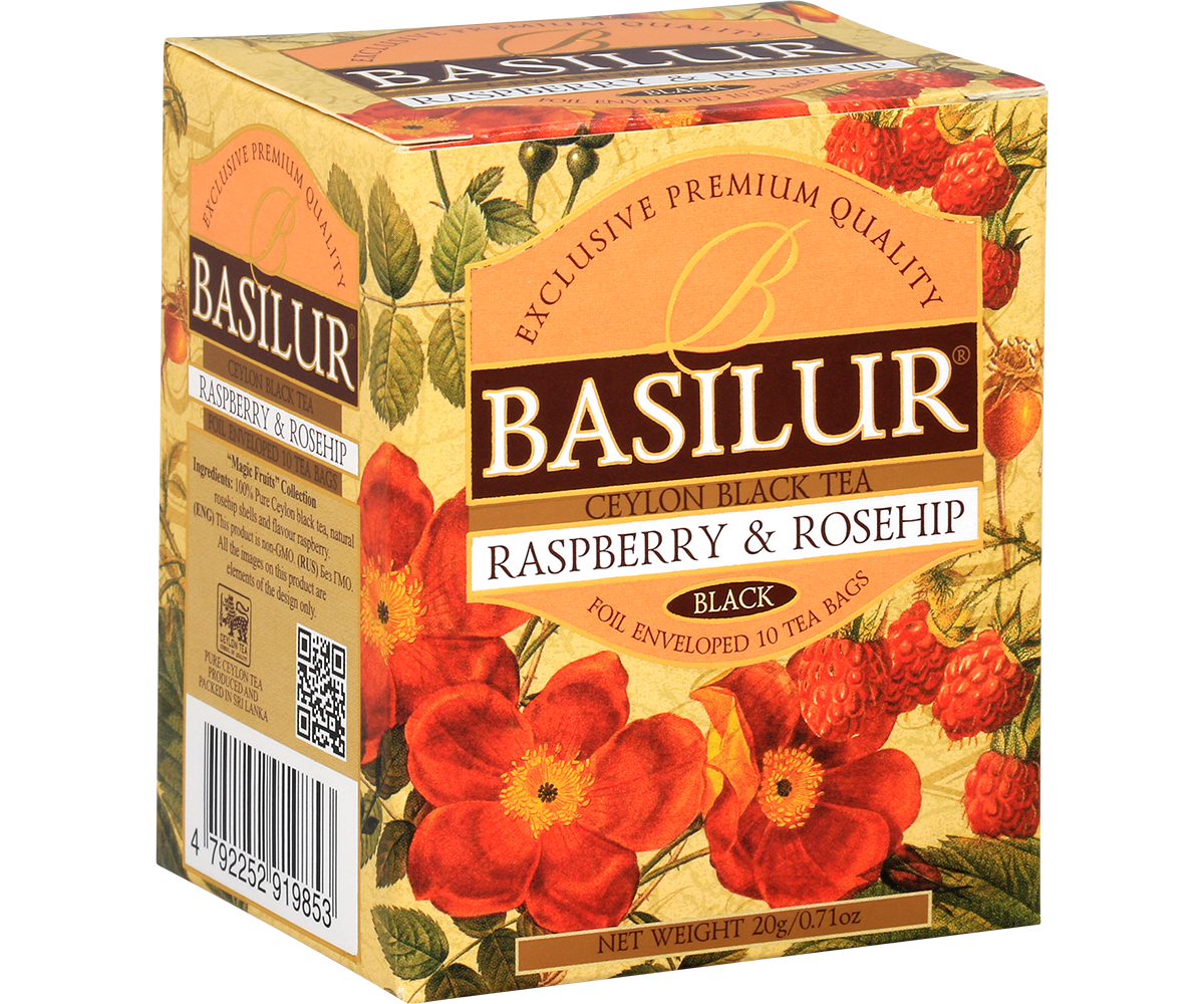 Boczny widok pudełka Basilur Raspberry & Rosehip z informacjami o składzie.
