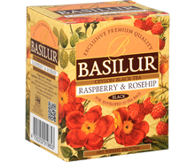 Boczny widok pudełka Basilur Raspberry & Rosehip z informacjami o składzie.