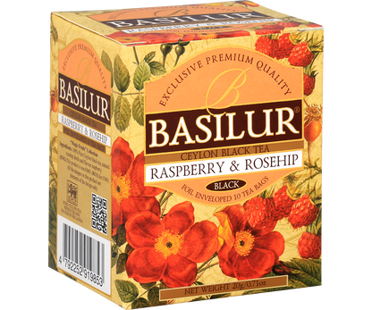 Boczny widok pudełka Basilur Raspberry & Rosehip z informacjami o składzie.