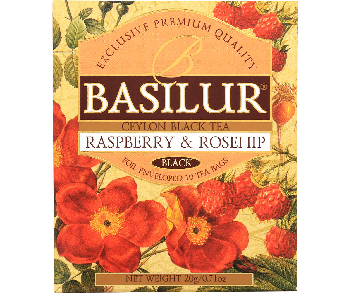 Opakowanie herbaty czarnej Basilur Raspberry & Rosehip z malinami i dziką różą.