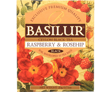 Opakowanie herbaty czarnej Basilur Raspberry & Rosehip z malinami i dziką różą.