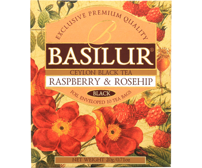 Opakowanie herbaty czarnej Basilur Raspberry & Rosehip z malinami i dziką różą.